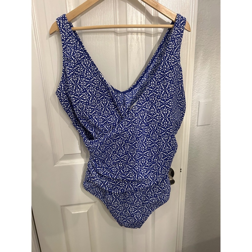 LL Bean Womens Blue White Geometric Ruched One Piece Swimsuit‎ 20W
